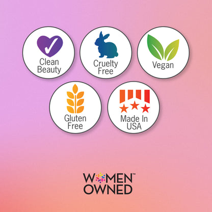 Clean Beauty, Cruelty-Free, Vegan, Gluten Free, Made in the USA logo graphic